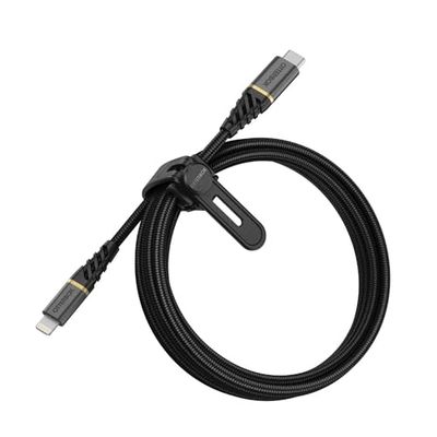 OtterBox Cable Reforzado Premium de Nylon USB-C a Lightning, Certificado MFi, Cable Carga Rápida para iPhone e iPad, Ultra Resistente, testeado para doblados y torsiones, 2M, Negro