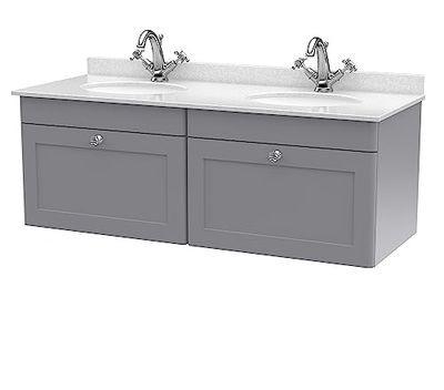 nuie CLC294WR2 Classique Wall Hung 2 Drawer Unit & 1 Tap Hole Double Marble Top with Round Basin, 1200mm, Satin Grey/White