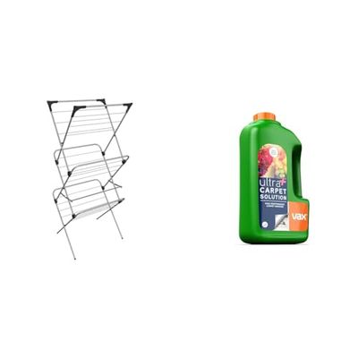 Vileda Sprint 3-Tier Clothes Airer, Indoor Clothes Drying Rack with 15 m Washing Line, Silver & Vax Ultra+ 1.5 Litre Carpet Cleaner Solution | High Performance Carpet Washing - 1-9-137771, Green
