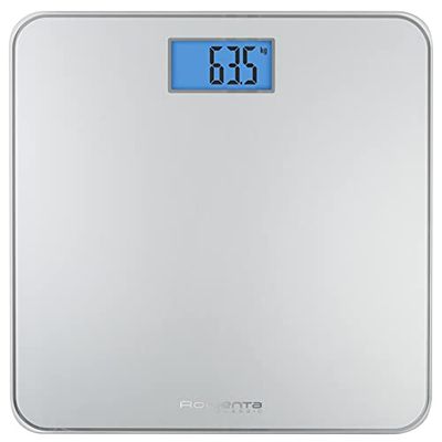 Rowenta Classic BS1500 Balance de salle de bain avec écran LCD, compacte, capacité de 160 kg, plateau en verre et arrêt automatique avec piles, couleur argent