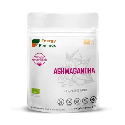 Energy Feelings Ashwagandha en Polvo Ecológica - 1 Kg, Ginseng indio, Combate Estrés, Efecto Anabólico, Sin Gluten, Sin Lactosa y Sin Azúcar Añadido