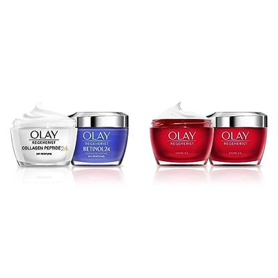 Olay Regenerist Retinol 24 Crema Hidratante de Noche con Retinol y Olay Regenerist Collagen Peptide24 Crema De Día Sin Perfume,100 ml & Regenerist Crema Facial De Día, Pack x 2 Uds, 100 ml
