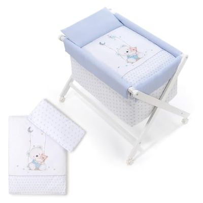 Interbaby - Minicuna Plegable Tijera Oso Columpio - Estructura de madera con Vestidura (Colcha y Almohada Desenfundable) con Colchón.