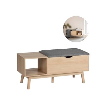 Avilia Panca Imbottita con Vano Portaoggetti e Mensola - Mobile per Scarpe con Seduta Imbottita e Mensola, in MDF Effetto Rovere, 100x45x40cm, Beige e Grigio