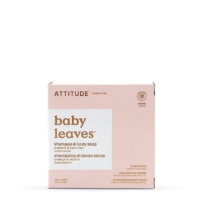 ATTITUDE Shampoo and Body Soap Bar for Baby, EWG Verified, Plastic-Free, Dermatologically Tested, Made with Naturally Derived Ingredients, Vegan, Unscented, 85 grams