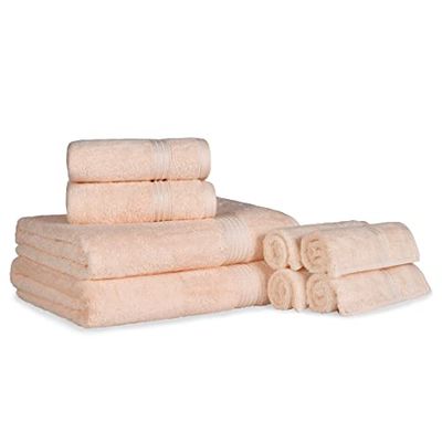 Superior Lot de 8 Serviettes Assorties en Coton égyptien, absorbantes et à séchage Rapide : 2 Serviettes de Bain, 4 Serviettes à Mains et 2 Serviettes pour Le Visage (pêche)