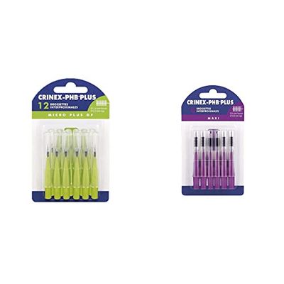 CRINEX - Phb Plus Micro Gf - Brossette Dentaire - Fibres en Tynex - Vert - 12 Brossettes par Unité & Phb Plus Maxi - Brossette Dentaire - Fibres en Tynex - Violet - 6 Brossettes par Unité
