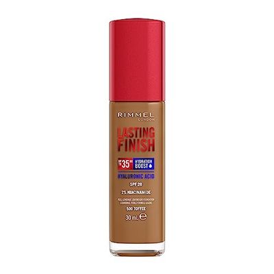 Rimmel Lasting Finish 35Hr Foundation 500 Toffee, Full Coverage, Hydrating, SPF20, Hyaluronic Acid, Vitamin E, 2% Niacinamide, All Day Wear, Vegan, Cruelty Free
