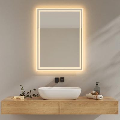EMKE Miroir Salle de Bain avec Éclairage,80x60cm, Miroir LED Salle de Bain,Lumière Blanc Chaud 3000K Miroir Mural avec Éclairage,Horizontal/Vertical, IP44 Économique en Énergie