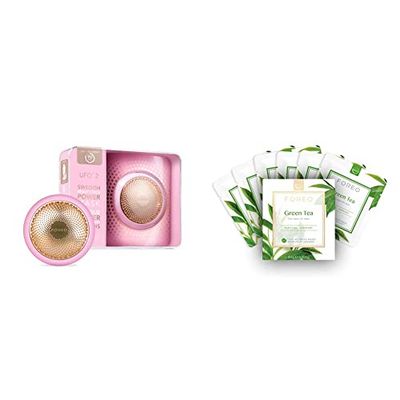 FOREO UFO 2 Pearl Pink Supercharged 2-min Full Facial, Warming, Cooling, Advanced Temperature Control & Green Tea UFO Activated Facial Mask for Blemish-Prone Oily Skin, 6 pack, Purifying