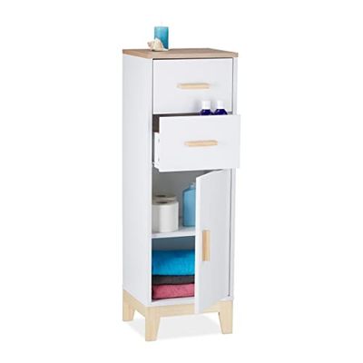 Relaxdays Mobiletto da Bagno, 2 Cassetti, con Anta, HLP: 97,5x32x28 cm, Armadietto Stretto da Terra, da Ingresso, Bianco, Legno