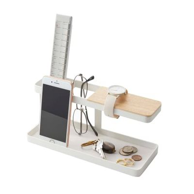 Yamazaki 2299 Tower Desk Organiser, White, Steel/Wood, 24.5 x 9.7 x 11.3 cm