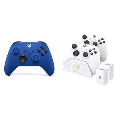Xbox Wireless Controller – Shock Blue+Venom Twin Charging Dock with 2 x Rechargeable Battery Packs - White Series X & S/One