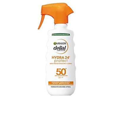 Delial Spray Protector SPF 50 y HYDRA 24 Protección Resistente al Agua, Fórmula Hidratante No Grasa con Manteca de Karite de Fuentes Sostenibles Para una Piel Protegida, Hidratada y Suave 270ml
