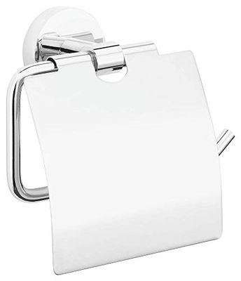 tesa Soporte portarrollos WC con Tapa EXXCELLENT, metal cromado brillante, autoadhesivo, tecnología adhesiva de montaje, 140mm x 138mm x 52mm
