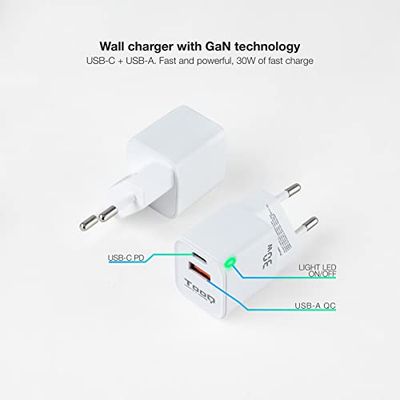 Cargador de Pared GAN 30W USB-C PD y USB-A QC, Ideal para Cargar Dispositivos móviles y Tablets de Forma rápida y eficiente.