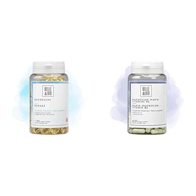 HYDRATATION VISAGE & BEAUTÉ DE LA PEAU - Huile de Bourrache Biologique - 120 capsules & RÉDUCTION FATIGUE & DÉTENTE - Magnésium Marin & Vitamine B6-120 gélules - Cure 2 mois