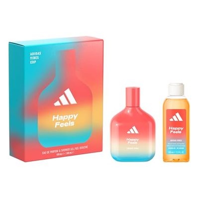 Le coffret adidas Vibes comprenant l'Eau de Parfum Happy Feels et le Gel Douche