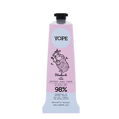 YOPE Naturlig handkräm | Ris, Tsubaki-olja | Mafurasmör | Sheasmör | Vitamin E | Ros- och rabarberextrakt | Regenererande | Fuktgivande intensivt | Rabarber och ros 50 ml