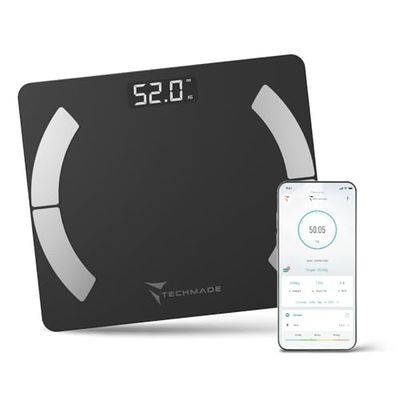 Techmade - Balance Impédancemètre Numérique | Analyse Complète du Corps | Bluetooth pour IOS & Android | Mesure IMC, Masse Graisse & Musculaire, Blanc, Matériaux Synthétiques et Électroniques