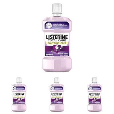 Listerine Bain de Bouche Quotidien Sans Alcool, Total Care Goût Plus Léger, Menthe Douce, pour une Haleine Fraîche, Transparent, 500 ml (Lot de 4)