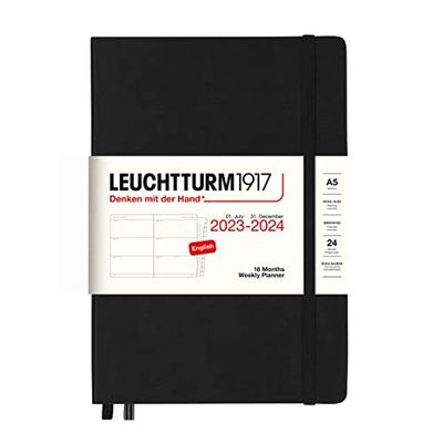 LEUCHTTURM1917 367604 Agenda semainier 2024, médium, format A5, 18 mois, noir, en anglais