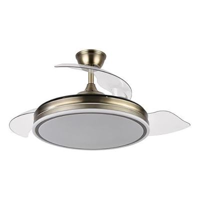 Bayomo ventilator met 72 W, 6120 lm, design van leer, 3 bladen en afmetingen 32/47 x 49/108D. 3. Stille DC-motor en afstandsbediening voor meer comfort en stijl in je huis.