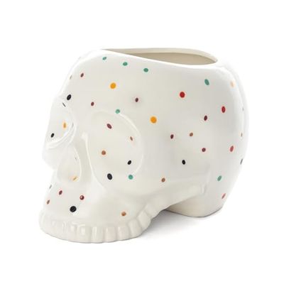 Fisura - Originale vaso da fiori con design a occhio. Vasi da giardino moderno decorativo. Vaso a gambe per cactus. Vaso in ceramica per fiori e piante grasse. 13 x 12,5 cm. (Pois, teschio)
