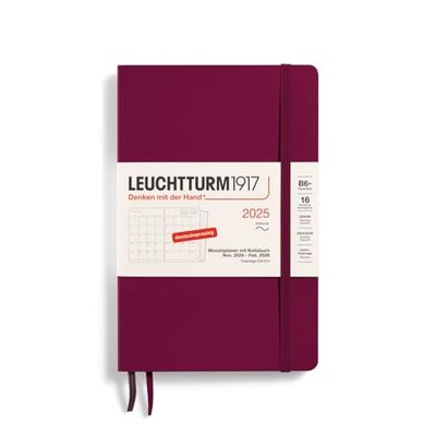 LEUCHTTURM1917 370609 Paperback (B6+) 2025 - Planificador mensual y cuaderno (16 meses, tapa blanda, Port Red, alemán)