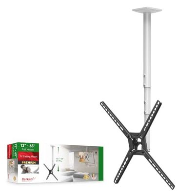 Barkan 97 cm lange witte tv-plafondsteun, 13-65 inch Full Motion - 3 bewegingen platte/gebogen schermbeugel, geschikt voor maximaal 40 kg, telescopische hoogteverstelling, past op LED OLED LCD