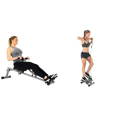 Sunny Health & Fitness Mini Stepper Machine, with Resistance Bands and LCD Monitor + SF-RW1205 12 Adjustable Resistance Rowing Machine Rower w/Digital Monitor
