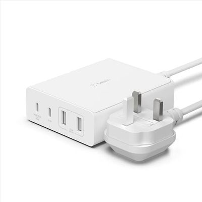Belkin Stacja ładująca USB GaN 108 W do wielu urządzeń, 2 USB typu C i 2 USB A szybka ładowarka biurkowa do MacBooka, Pro, Air, iPhone, Plus, Pro, Max, iPada, Samsung Galaxy, Pixel i innych