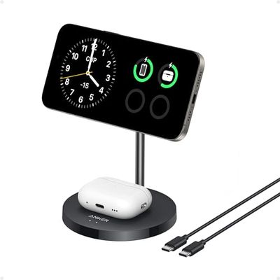 Anker MagSafe Compatibel MagGo Charger Stand, iPhone 16 draadloze oplader, 2-in-1 laadstation, Qi2 gecertificeerde 15W draadloze oplader standaard, voor iPhone 16/15/14/13/12, AirPods Pro (geen