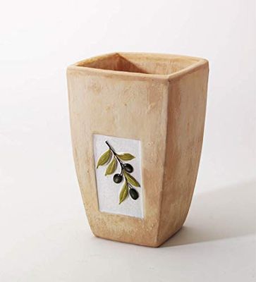 VASO QUADRATO IN CERAMICA E TERRACOTTA, FATTO E DIPINTO A MANO PER PIANTE E FIORI; ALTEZZA CM. 40, LATO CM. 29 X CM. 29. DECORO CON ULIVO FIORIERA IN COTTO