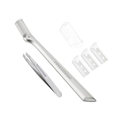 TWEEZERMAN Eyebrow Razor with Mini Slant Tweezer Set (Mini Slant Tweezer & Brow Razor Set), Silver