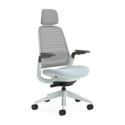 Steelcase Series 1, silla de oficina ergonómica con sujeción lumbar, brazos 4D y reposa cabeza regulables, respaldo de malla Nube tormenta