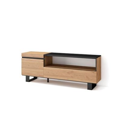 Skraut Home | Meuble TV | Banc Télé | Grand Espace de Rangement | 150x57x35cm | pour Les TV jusqu'à 65" | Design Industriel | Style Moderne | Chêne et Noir