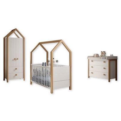 Stella Trading Beach Complet Chambre Blanc, Ensemble de Meubles 3 pièces composé d'une Armoire, d'un lit de bébé et d'une Commode à Langer, Pin/Bouleau, Komplett-Set