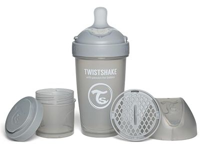Twistshake Pro Double Anti-Koliek Babyfles met Melkpoedercontainer - 260 ml | Siliconen Speen met Middelmatige Doorstroming, Lijkt op de Borst | BPA-Vrije | Geschikt voor Baby's van 2m+ | Grijs