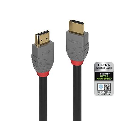LINDY - Câble HDMI 2.1 Anthra Line 1 Mètre avec Ethernet, High Speed 4k@60Hz HDMI 2.1 10k@120Hz 3D 1080p HDCP 2.3 144Hz HDR, ARC, CEC, ATC TV OLED, PC, PS4, PS5, Xbox One, Blu-Ray, Barre de Son