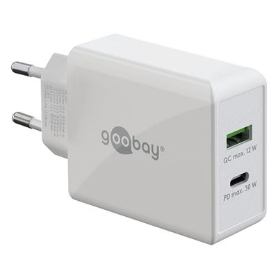 goobay 61674 Dual USB-C PD (Power Delivery) snellader (30 W), Quick Charge voeding voor iPhone, Samsung, Huawai, mobiele telefoon oplader, laadadapter voor het stopcontact, wit