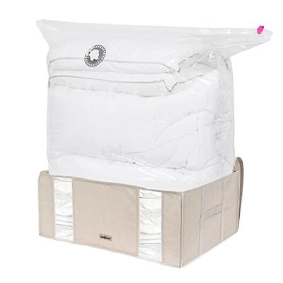 Compactor - Caja almacenaje al vacío ropa, edredones, nórdicos, almohadas. Talla XXL. Organizador armario con bolsa al vacío ropa integrada, compresión con aspiradora. Ahorra espacio. Beige