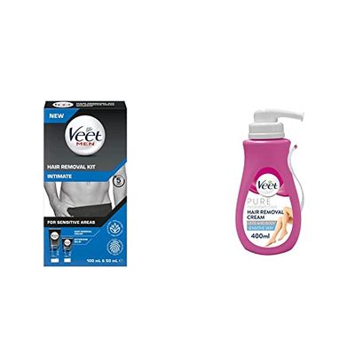 Veet Men Intimate Hair Removal Kit, with Hair Removal Cream and Aftercare Balm, 100 ml + 50 ml & Pure Inspirations Hair Removal Cream, Aloe Vera And Vitamin E For Sensitive Skin, 400 ml