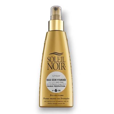 Soleil Noir - Huile Sèche Vitaminée SPF6 Faible Protection - Peaux Mates et Bronzées - Actifs Anti-Âge et Vitamines - Fabrication Française - Flacon Pompe, 150 ml