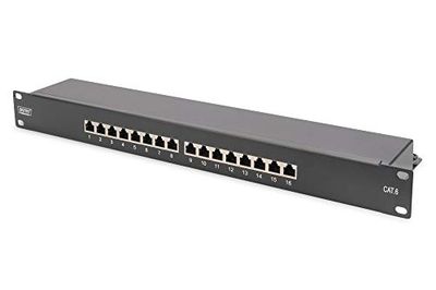 DIGITUS CAT 6, Class E patch panel, shielded, 16-port RJ45, 8P8C, LSA, 1U, rack mount, black, 482x44x109