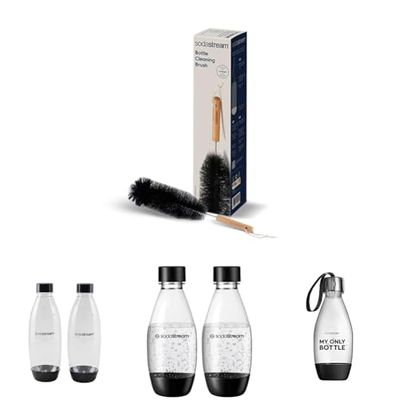 SodaStream Bottle Brush, 1 x Cleaning Brush for Plastic & Glass SodaStream Bottles, Twin Pack 1 L Bottles x 1, Fuse Bottle 0.5L x 1 + Black My only Bottle x 1