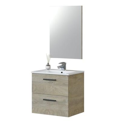 Habitdesign Mobile da bagno con 2 cassetti e specchio, modulo lavabo, modello Aruba, finitura in rovere alaska, dimensioni: 60 cm (larghezza) x 57 cm (altezza) x 45 cm (profondità)