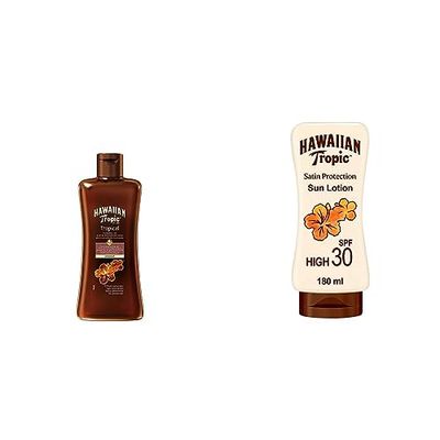 Hawaiian Tropic TROPICAL TANNING OIL SPF 0 DARK, Olio solare - 200 ml & SATIN PROTECTION SUN LOTION SPF 30-180 ml