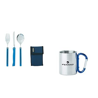 Ferrino Travel, Set Cucchiaio, Forchetta e Coltello Blu &, Tazza con Moschettone Grigio