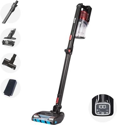 Shark Aspiradora sin cable, 60 min autonomía, Anti Hair Wrap y DuoClean flexible, minicepillo motorizado para pelo de mascota, cepillo multisuperficie, boquilla estrecha 20 cm, negro/rojo IZ300EUT